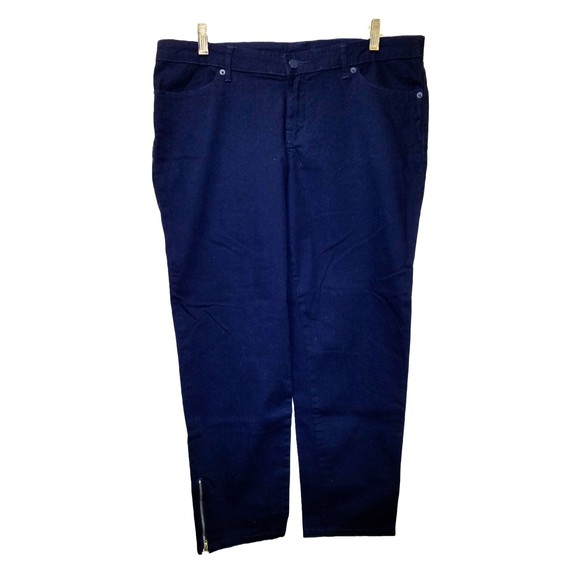 Norma Kamali Women’s Navy Blue Mid-Rise Straight Leg Zipped Ankle Denim Jeans 12 - Picture 1 of 4